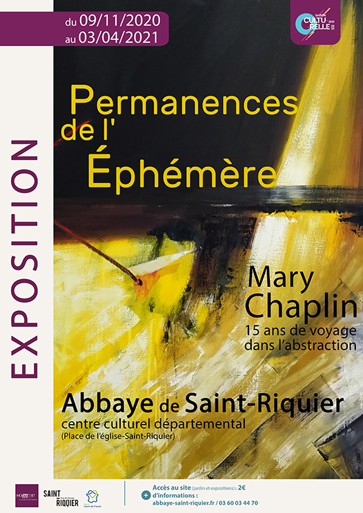 Affiche 'Permanences de l'éphémère', rétrospective de 15 ans d'abstraction au Centre Culturel de l'Abbaye de St Riquier, exposition organisée par Conseil Départemental de la Somme Exposition retrospective Musée Départemental de l'Abbaye de St Riquier organisée par le Conseil Départemental de la Somme, Hauts de France, Picardie